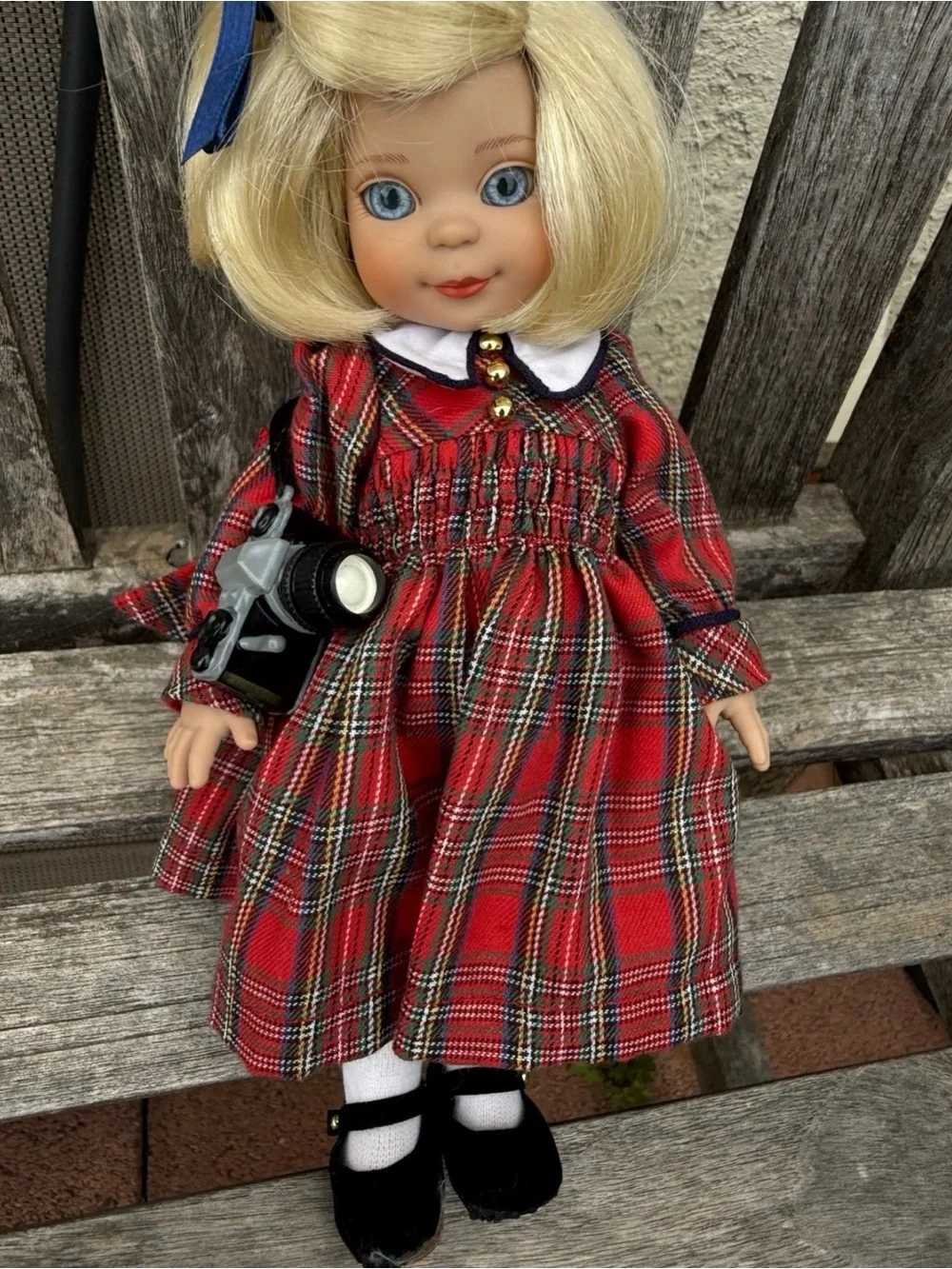 Blonde Blue-Eyed Doll in Red Plaid Dress